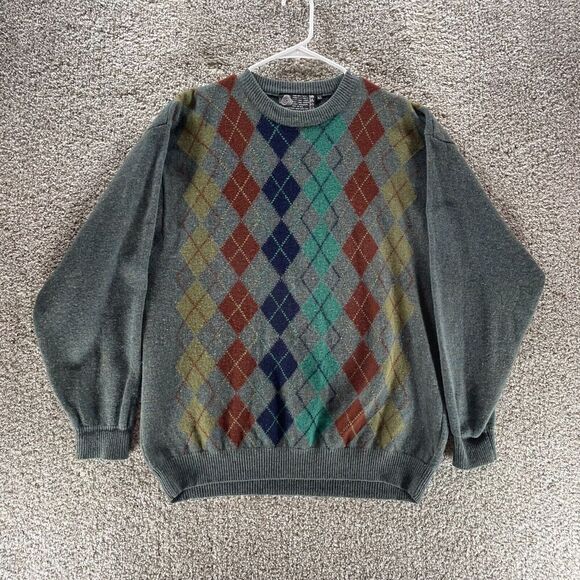 Unbranded Other - Pure New Wool Sweater Men Extra Large Gray Argyle Diamond Crew Neck Pullover VTG